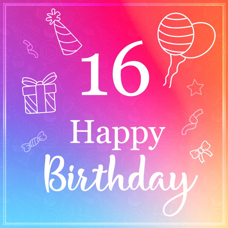 Happy 16th Birthday elegant picture vith violet background (square shape image)