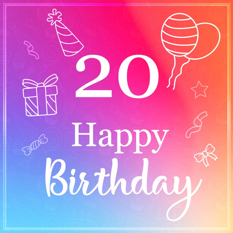 Happy 20th Birthday Stylish Birthday Card with violet background (square shape image)