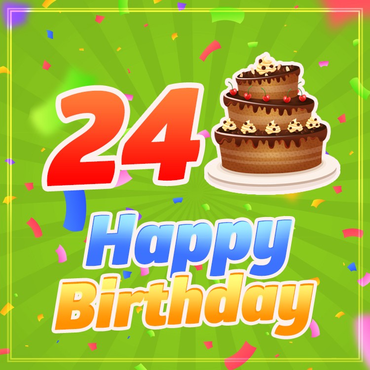 Happy 24th Birthday greeting card with cartoon cake on bright green background (square shape image)