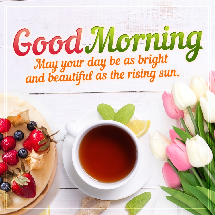 Beautiful square shape picture with morning wishes with tulips, tea and cake (square shape image)