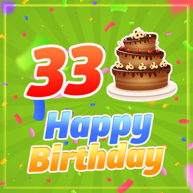 Happy 33rd Birthday image with cartoon cake on green background (square shape image)