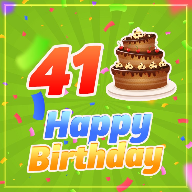 Happy 41st Birthday picture with cartoon cake on green background (square shape image)