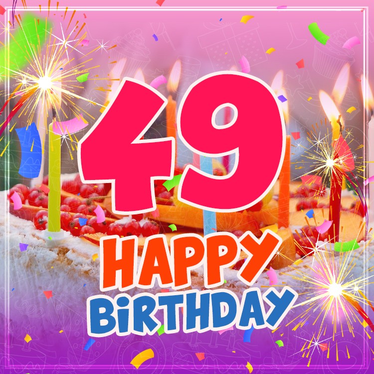 Happy 49th Birthday greeting card with cake and candles (square shape image)