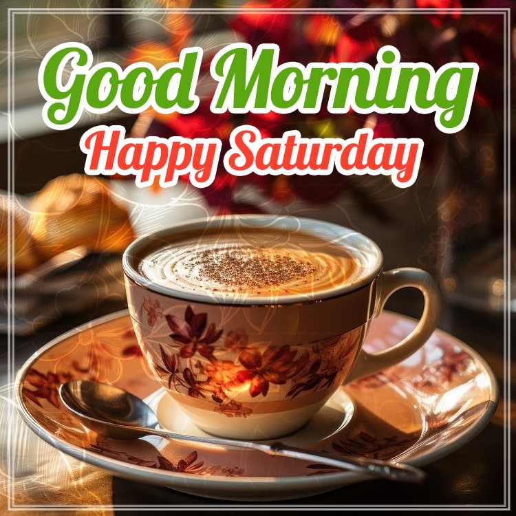 Good Morning Wishes on Saturday, beautiful picture with coffee (square shape image)