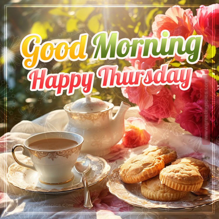 Good Morning Happy Thursday Image with cup of tea and pink roses (square shape image)