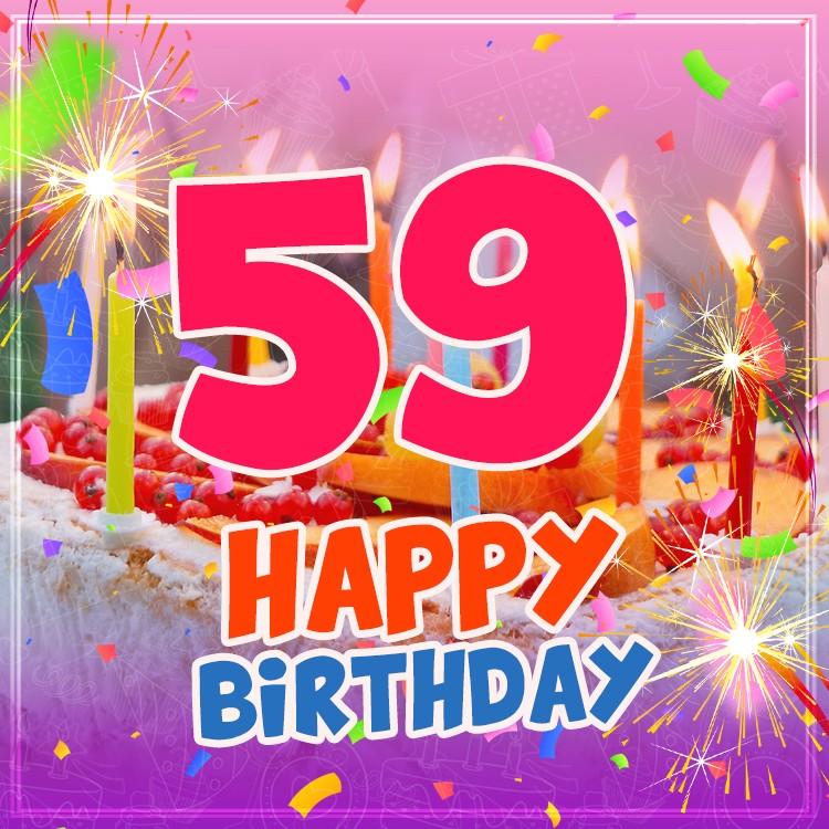 Happy 59th Birthday image with cake and candles (square shape image)