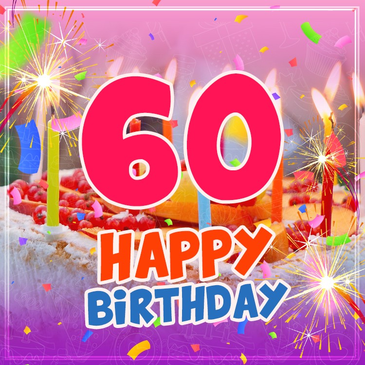 Happy 60th Birthday greeting card with cake and candles (square shape image)