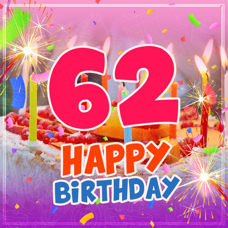 Happy 62nd Birthday image with cake and candles (square shape image)