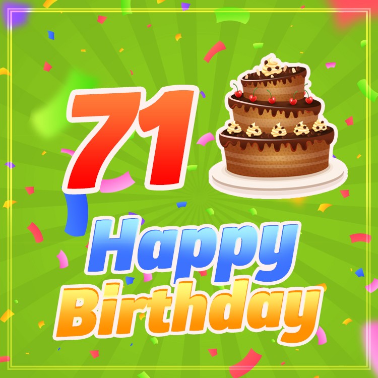 Happy 71st Birthday picture with chocolate cake on bright green background (square shape image)