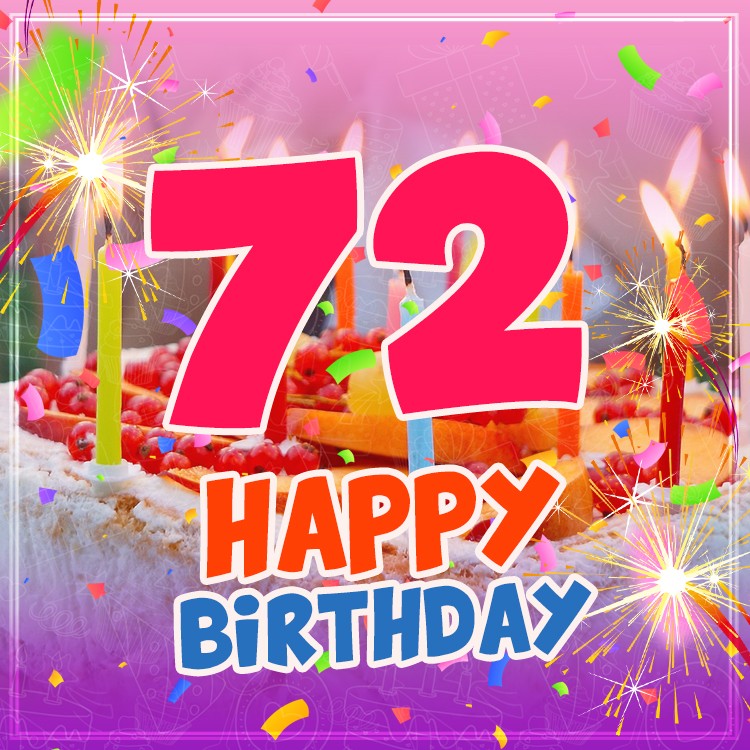 Happy 72nd Birthday greeting card with cake and candles (square shape image)