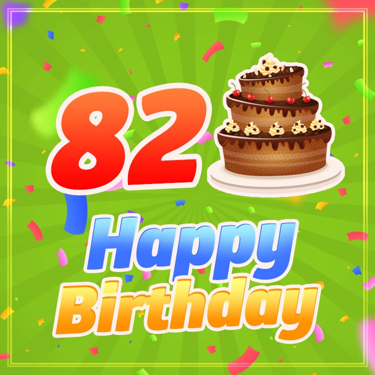 Happy 82nd Birthday picture with chocolate cake on green background (square shape image)