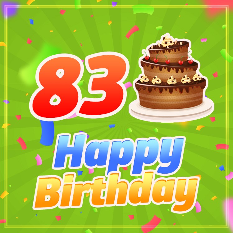 Happy 83rd Birthday picture with chocolate cake on green background (square shape image)