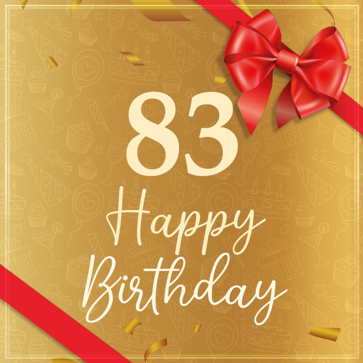 Happy 83rd Birthday card with red bow and ribbon (square shape image)