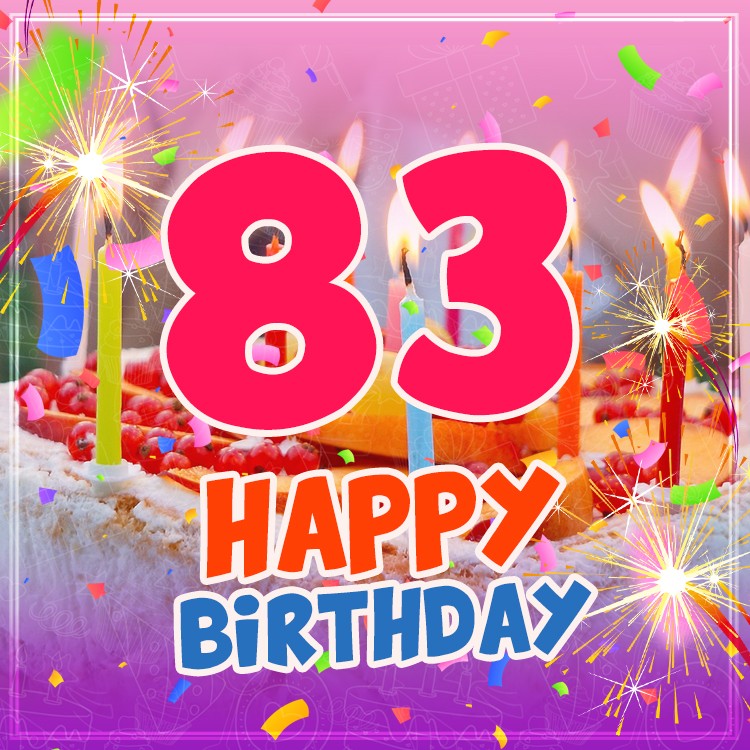 Happy 83rd Birthday greeting card with cake and candles (square shape image)