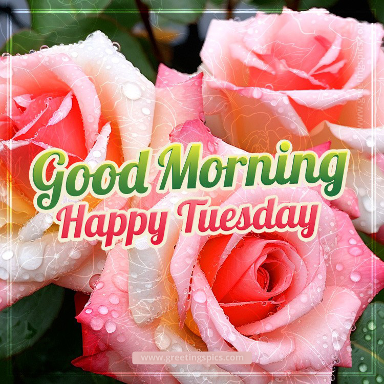 Good Morning Happy Tuesday image with beautiful pink roses (square shape image)