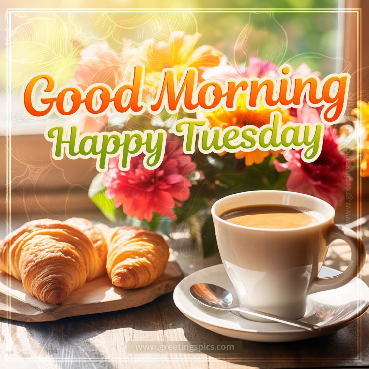 Good Morning Happy Tuesday image with cup of coffee and croissant (square shape image)