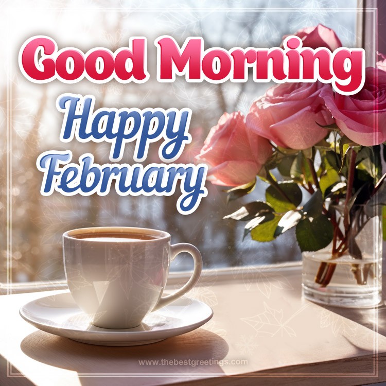 Good Morning Happy February image with cup of coffee and pink roses (square shape image)