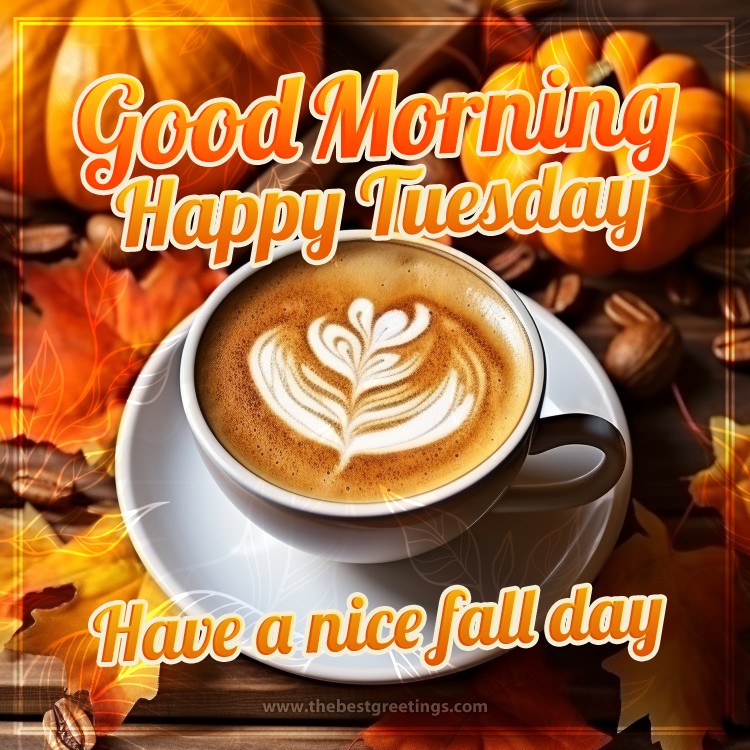 Good Morning Happy Tuesday fall image with cappuccino (square shape image)