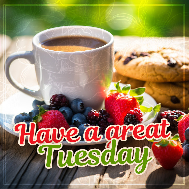 Have a great tuesday picture with coffee, berries and cookies (square shape image)