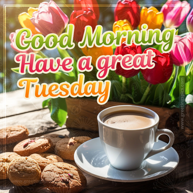 Good Morning Have a Great Tuesday image with coffee, cookies and tulips (square shape image)