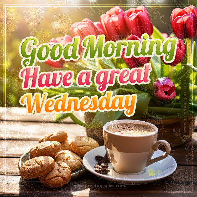 Good Morning Have a Great Wednesday image with coffee, cookies and tulips (square shape image)