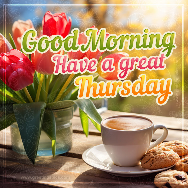 Good Morning Have a Great Thursday Image with cup of coffee and red tulips (square shape image)