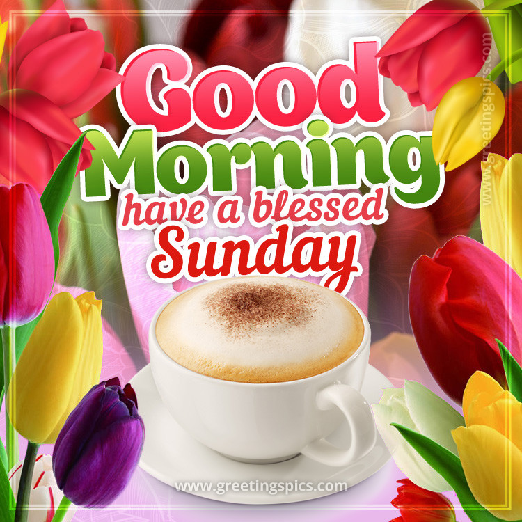 Good Morning have a Blessed Sunday image with colorful flowers and a cup of cappuccino (square shape image)