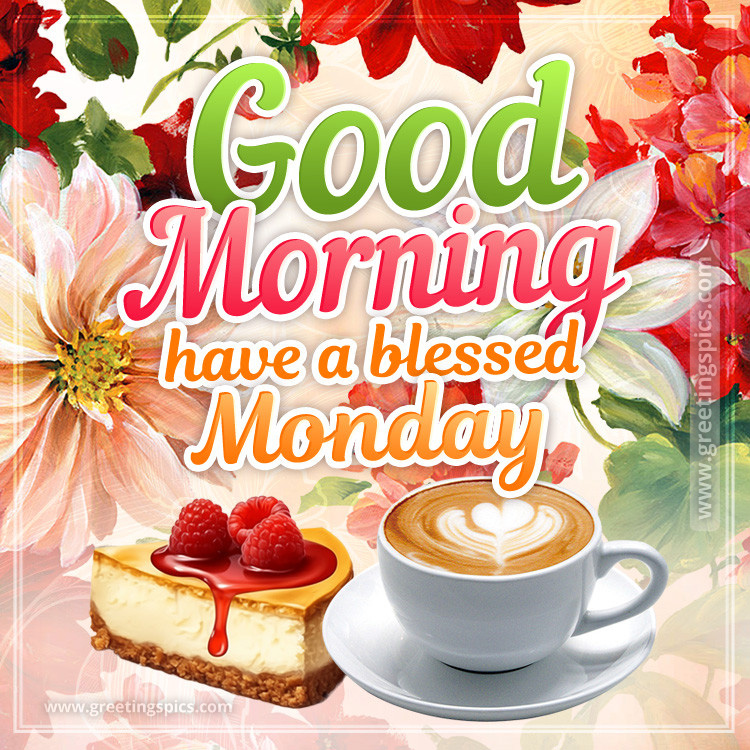 Good Morning have a Blessed Monday image with coffee, cheesecake and flowers (square shape image)