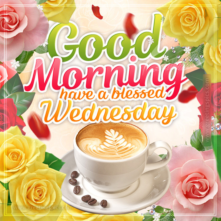 Good Morning have a Blessed Wednesday image with colorful bright roses and a cup of latte (square shape image)