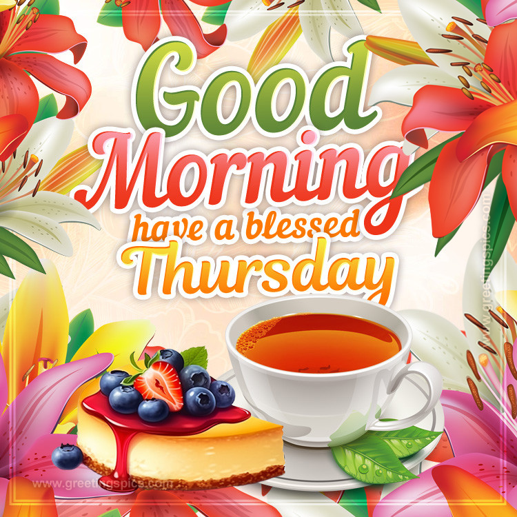 Good Morning have a Blessed Thursday Image with a cup of tea, cheesecake and colorful flowers (square shape image)