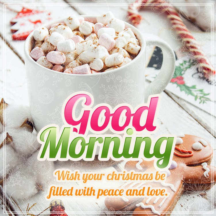 Good Morning Christmas Wishes image with hot chocolate and marshmallows (square shape image)