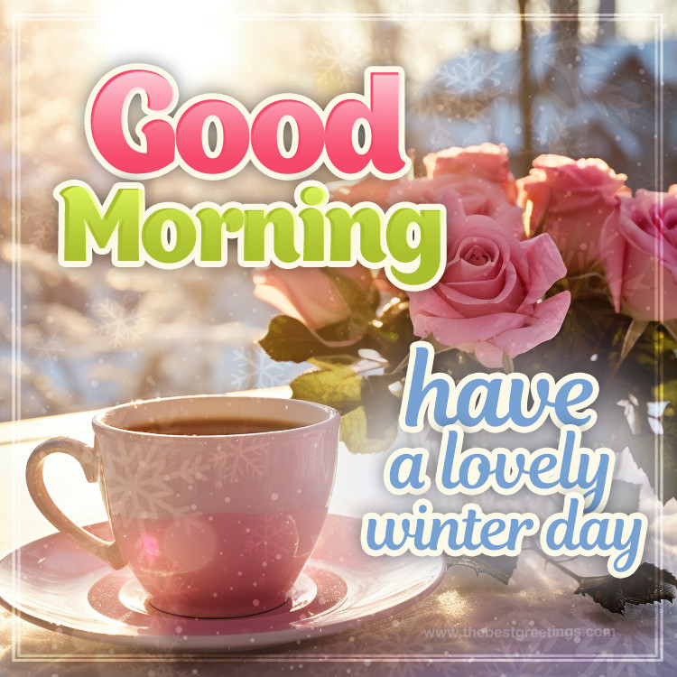 Good Morning have a Lovely Winter Day image with a hot drink and a bouquet of roses (square shape image)