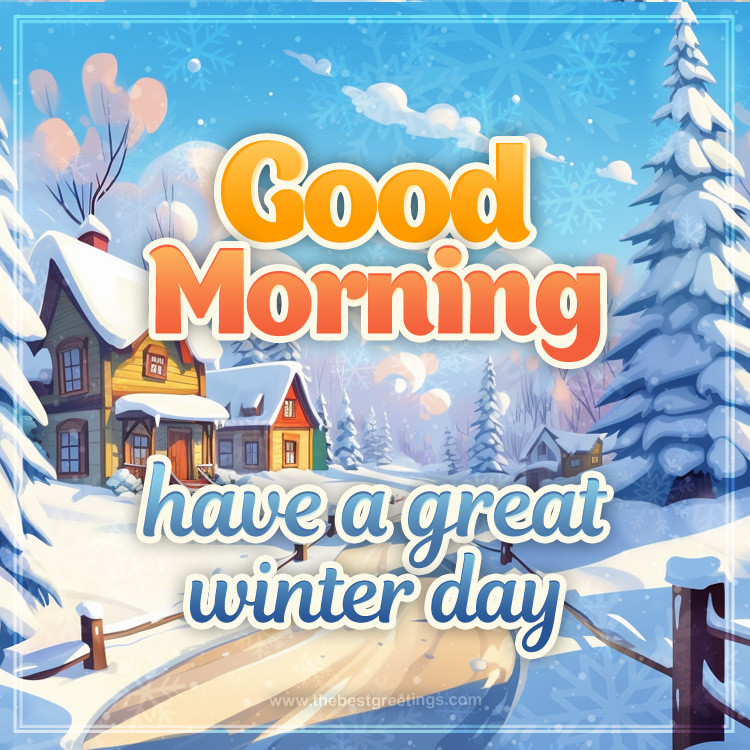 Good Morning Winter image with a beautiful painted snow-covered village (square shape image)