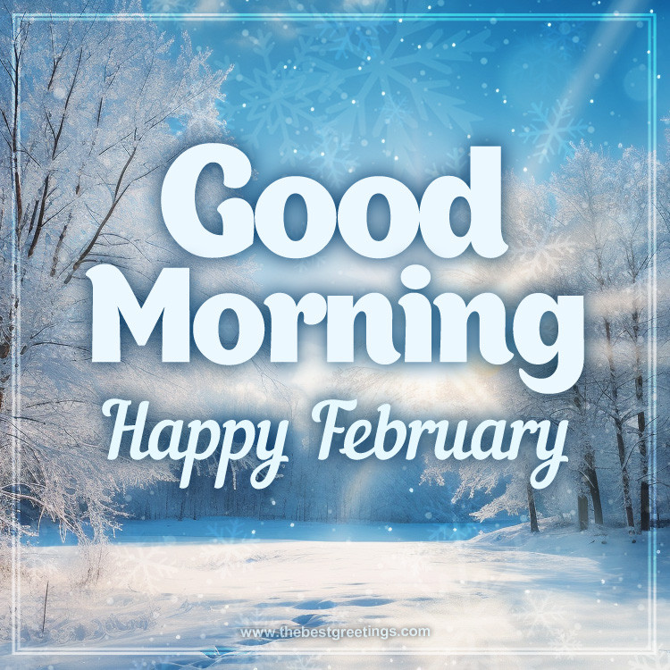 Good Morning Happy February image with beautiful winter forest (square shape image)