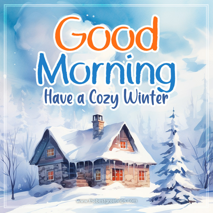 Good Morning have a Cozy Winter image with a house in the snow (square shape image)