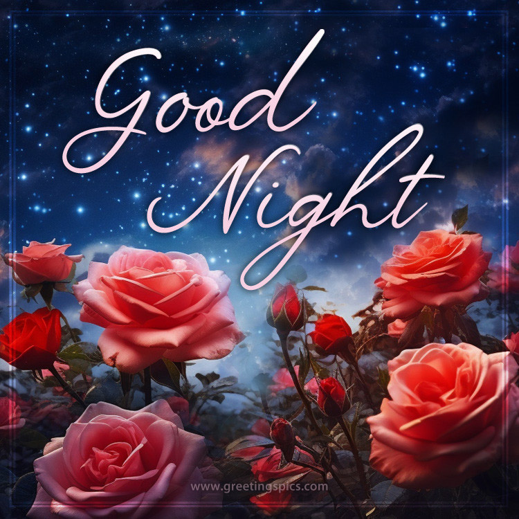 Good Night picture with roses against a starry sky (square shape image)