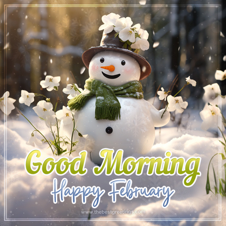 Good Morning February Day picture with a cute snowman in the winter forest (square shape image)