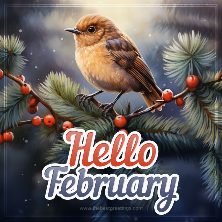 Hello February picture with a beautiful bird on a spruce branch (square shape image)