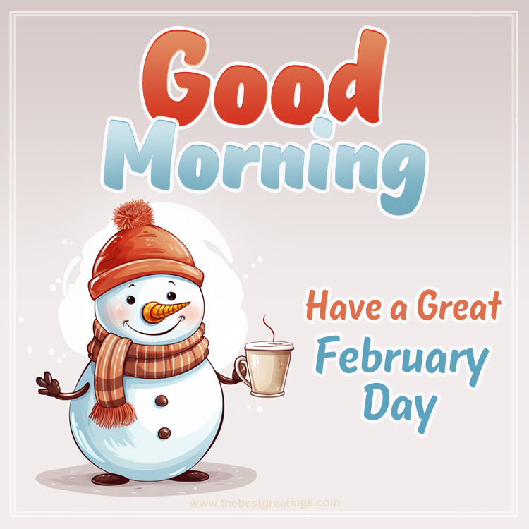 Good Morning have a Great February Day image with adorable snowman with coffee (square shape image)