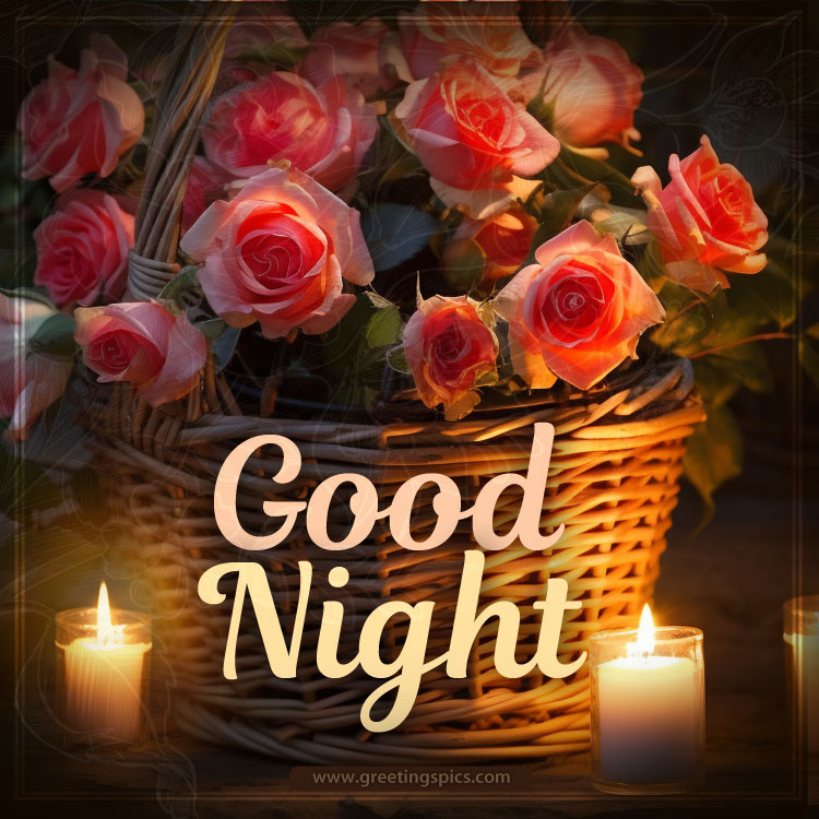 Good Night picture with a basket with a bouquet of roses and candles (square shape image)