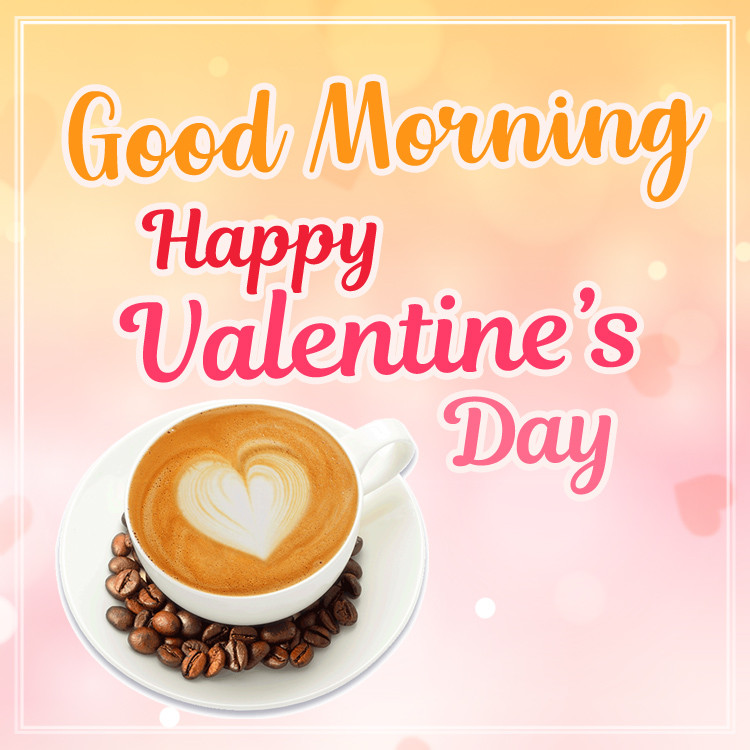 Good Morning Happy Valentine's Day Image with a cup of latte (square shape image)