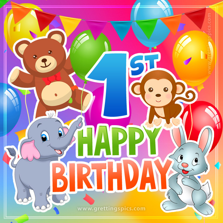 Happy 1st Birthday image for child with cute cartoon baby animals (square shape image)