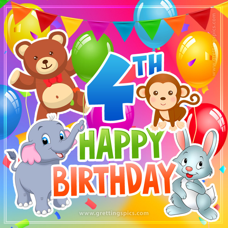 Happy 4th Birthday colorful image for a child with cute cartoon baby animals (square shape image)