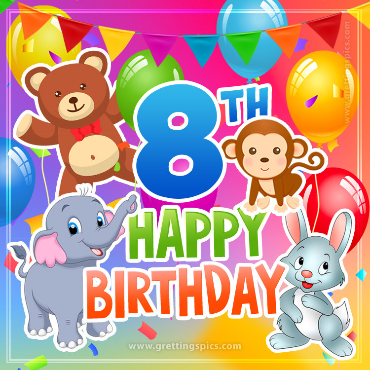 Happy 8th Birthday colorful picture for a child with cute cartoon baby animals (square shape image)