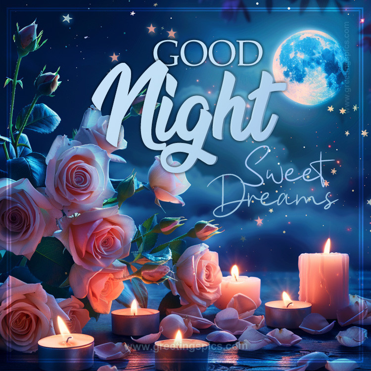 A picture with a Good Night Wish, beautiful flowers, candles and full moon (square shape image)