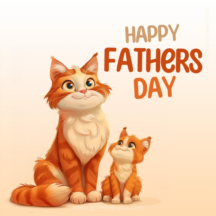 Happy Fathers Day Card with adorable daddy cat and kitten (square shape image)