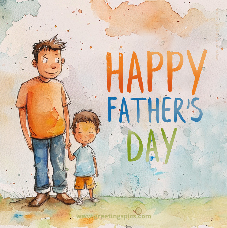 Happy Father's Day a beautiful picture of a father and son painted in watercolor (square shape image)