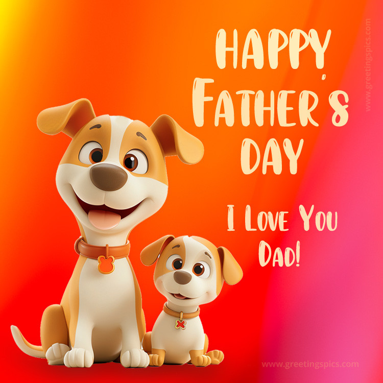 Happy Father's Day Funny Picture with cute dogs on bright orange background (square shape image)