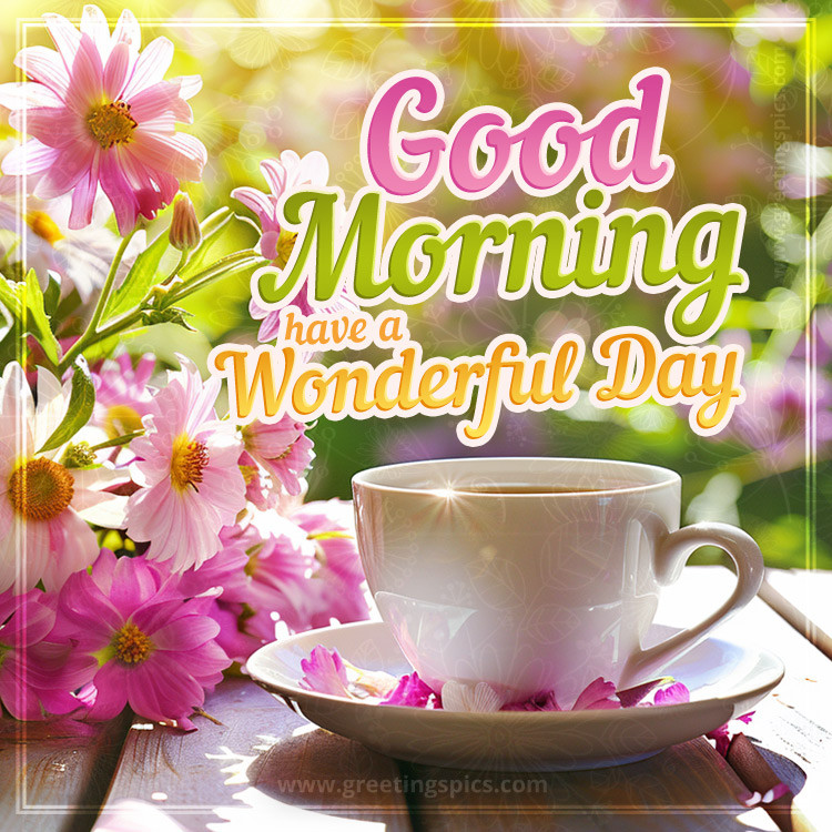 Good Morning picture of a cup of coffee and flowers, on a bright sunny day (square shape image)