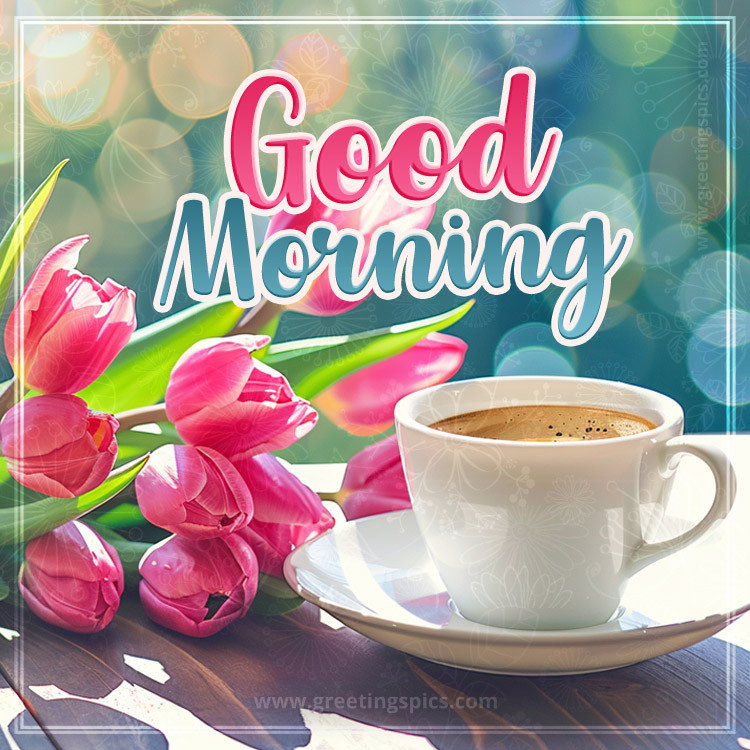 Beautiful Good Morning Image with tulips and coffee illustration (square shape image)